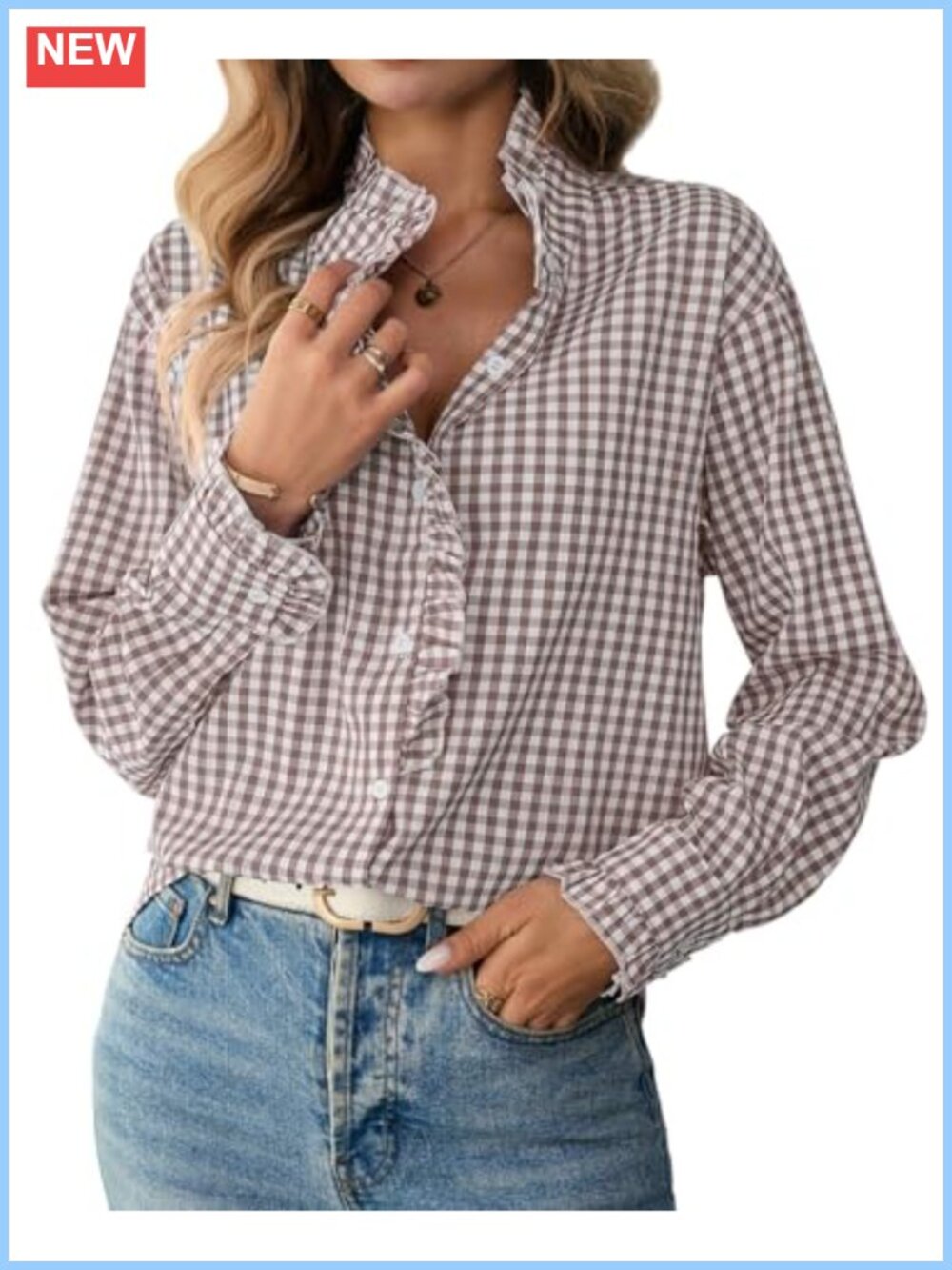 Womens Plaid Ruffle Button Down Shirt Long Sleeve Gingham Blouse Business Top